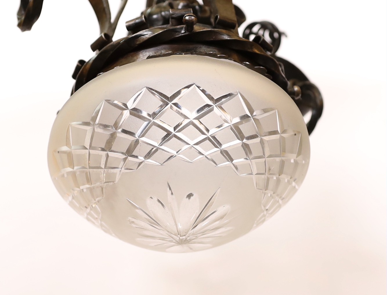 An early 20th century French wrought iron and cut and frosted glass hall lantern, height 40cm